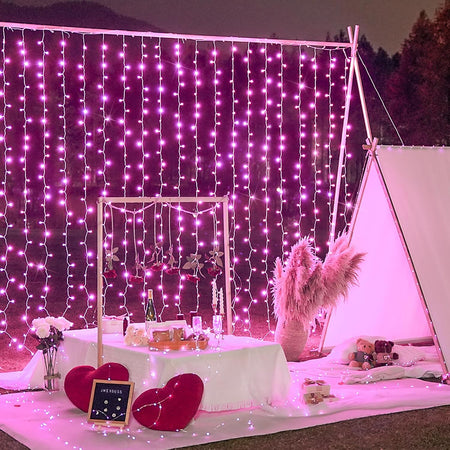 Pink Curtain Lights, Remote Control 300 LED Pink Curtain Lights 8 Modes Pink Valentine String Lights, Window Curtain Lights for Bedroom Wedding Party Backdrop Indoor Outdoor Room Decor(Pink)