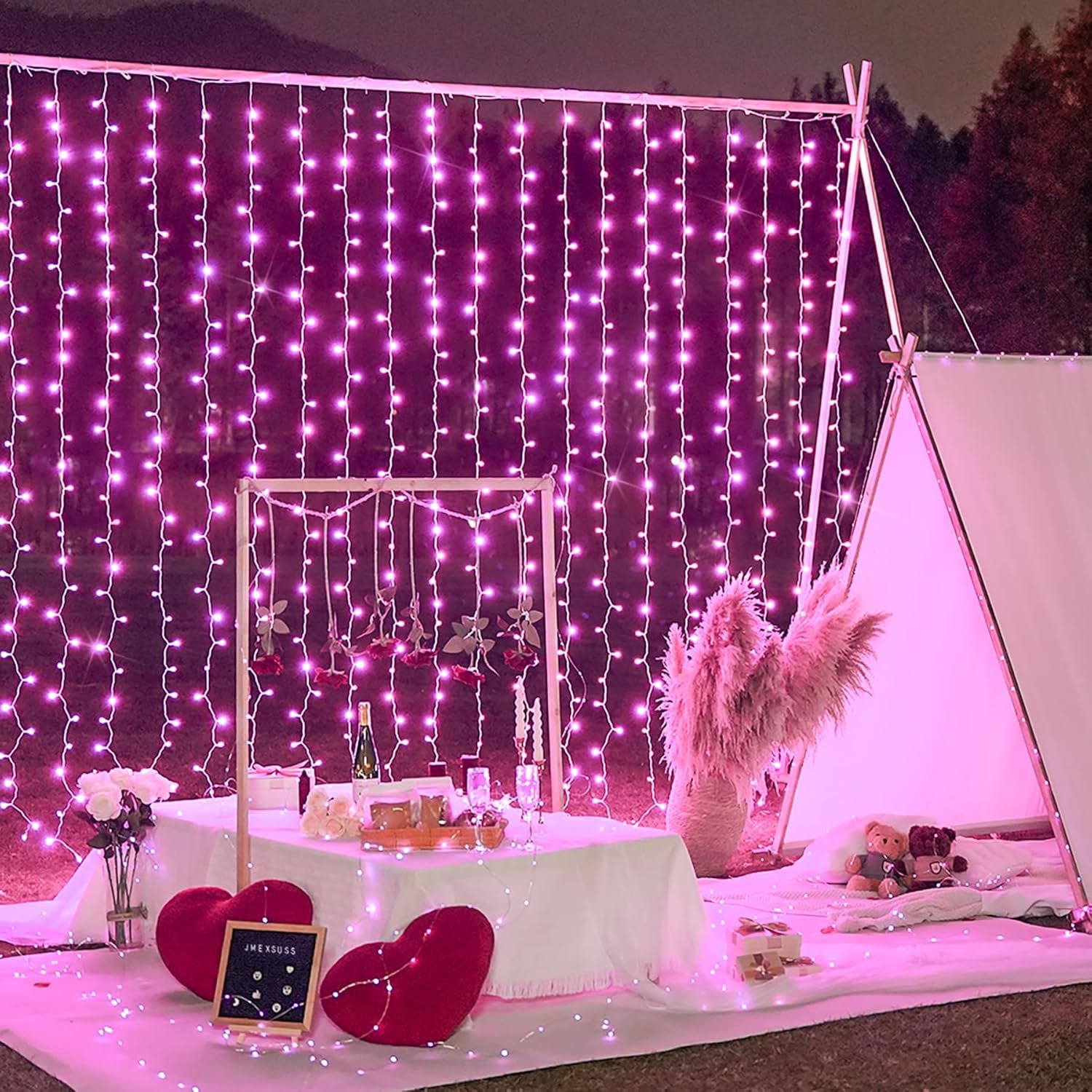 Pink Curtain Lights, Remote Control 300 LED Pink Curtain Lights 8 Modes Pink Valentine String Lights, Window Curtain Lights for Bedroom Wedding Party Backdrop Indoor Outdoor Room Decor(Pink)