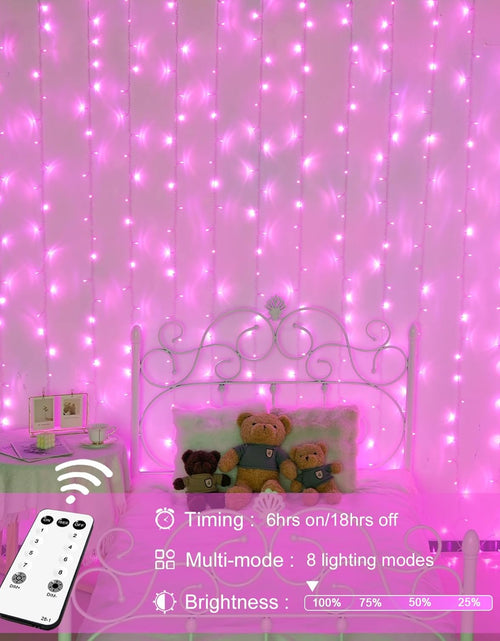 Load image into Gallery viewer, Pink Curtain Lights, Remote Control 300 LED Pink Curtain Lights 8 Modes Pink Valentine String Lights, Window Curtain Lights for Bedroom Wedding Party Backdrop Indoor Outdoor Room Decor(Pink)
