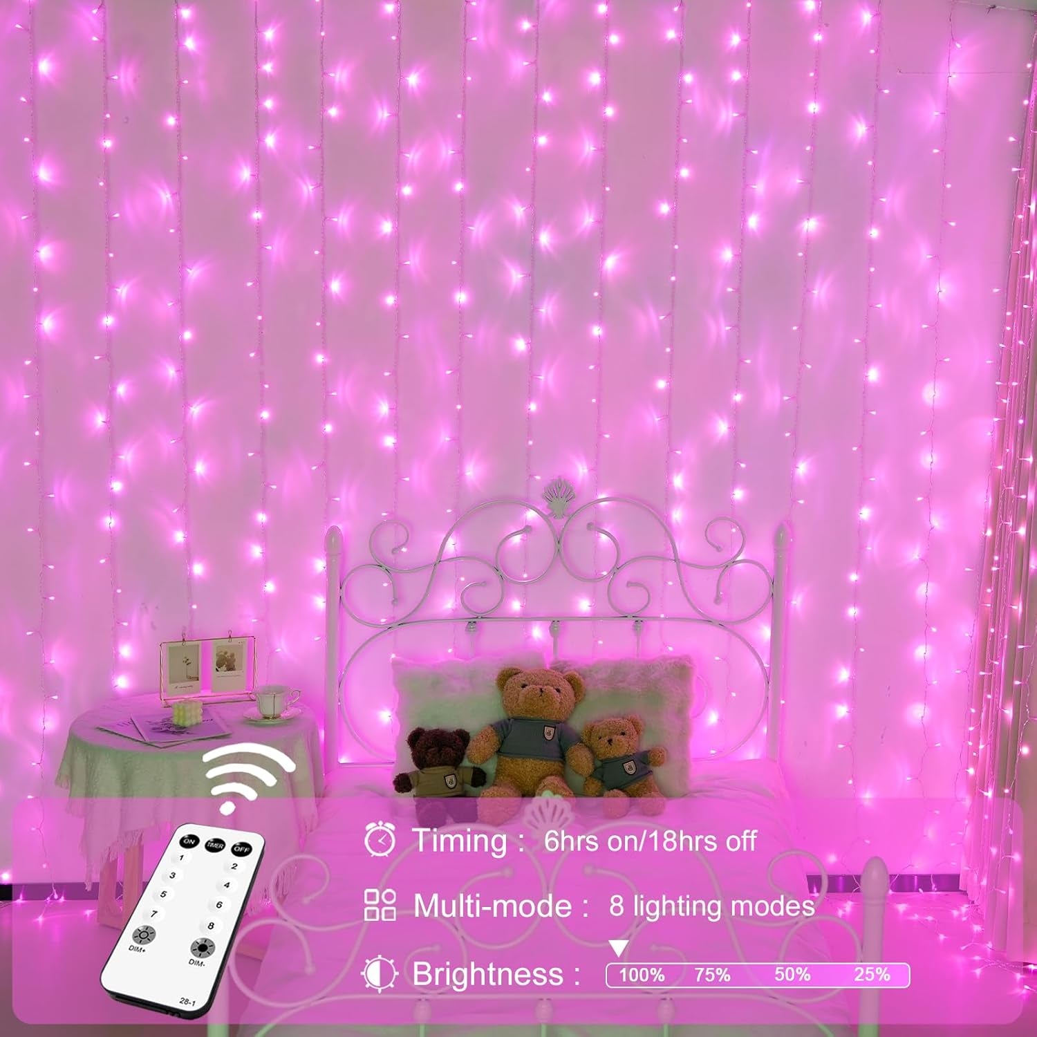 Pink Curtain Lights, Remote Control 300 LED Pink Curtain Lights 8 Modes Pink Valentine String Lights, Window Curtain Lights for Bedroom Wedding Party Backdrop Indoor Outdoor Room Decor(Pink)