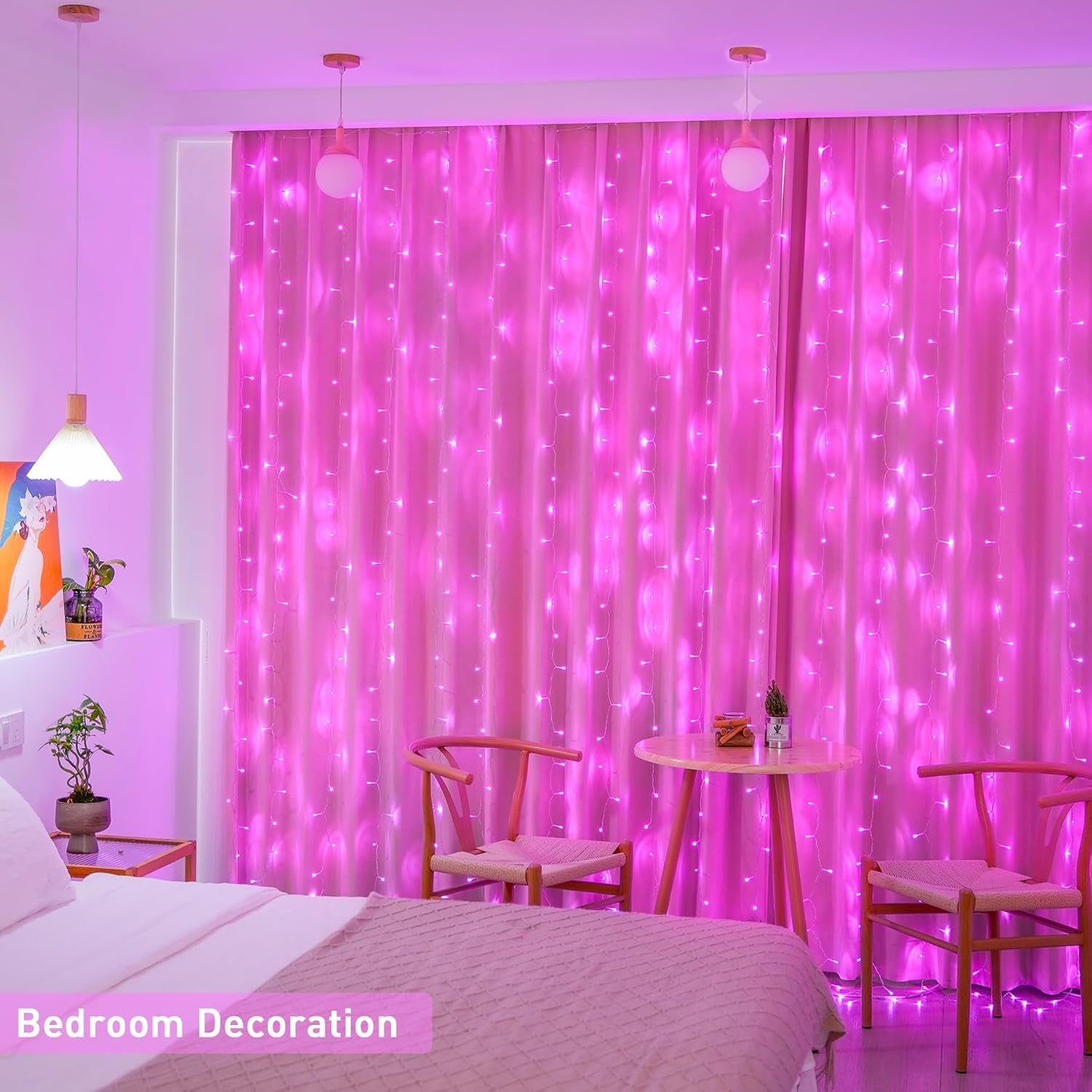 Pink Curtain Lights, Remote Control 300 LED Pink Curtain Lights 8 Modes Pink Valentine String Lights, Window Curtain Lights for Bedroom Wedding Party Backdrop Indoor Outdoor Room Decor(Pink)