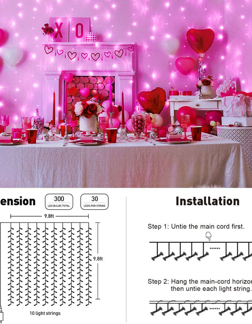 Load image into Gallery viewer, Pink Curtain Lights, Remote Control 300 LED Pink Curtain Lights 8 Modes Pink Valentine String Lights, Window Curtain Lights for Bedroom Wedding Party Backdrop Indoor Outdoor Room Decor(Pink)