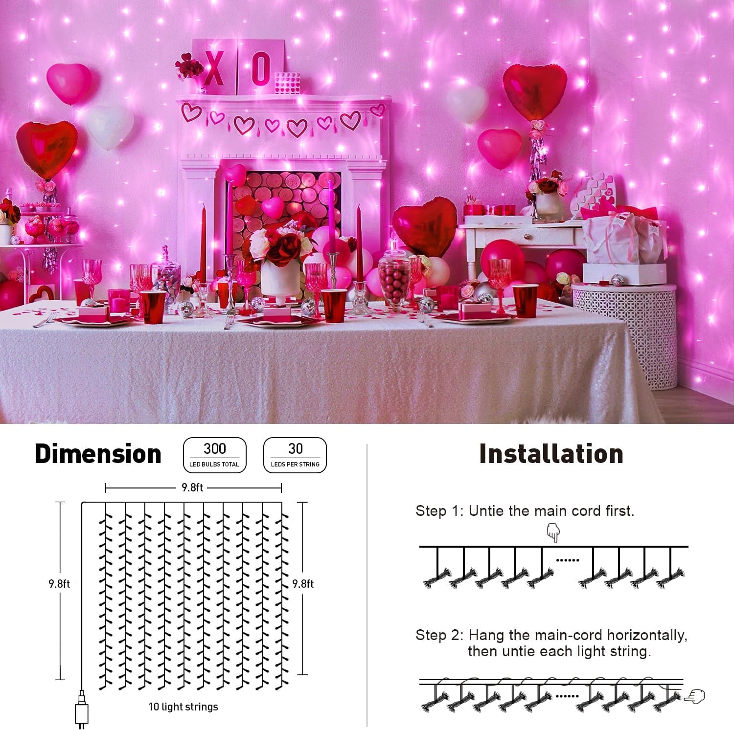Pink Curtain Lights, Remote Control 300 LED Pink Curtain Lights 8 Modes Pink Valentine String Lights, Window Curtain Lights for Bedroom Wedding Party Backdrop Indoor Outdoor Room Decor(Pink)