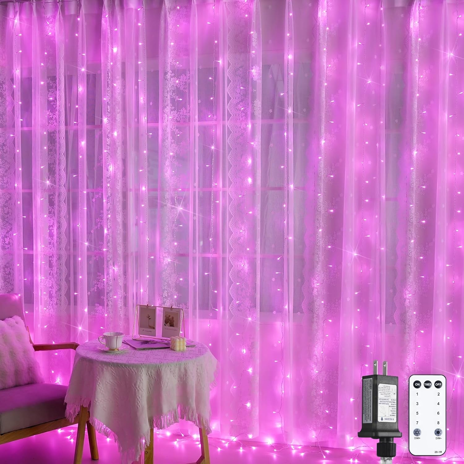 Pink Curtain Lights, Remote Control 300 LED Pink Curtain Lights 8 Modes Pink Valentine String Lights, Window Curtain Lights for Bedroom Wedding Party Backdrop Indoor Outdoor Room Decor(Pink)