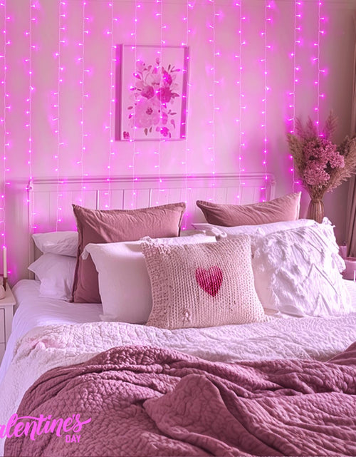 Load image into Gallery viewer, Pink Curtain Lights, Remote Control 300 LED Pink Curtain Lights 8 Modes Pink Valentine String Lights, Window Curtain Lights for Bedroom Wedding Party Backdrop Indoor Outdoor Room Decor(Pink)