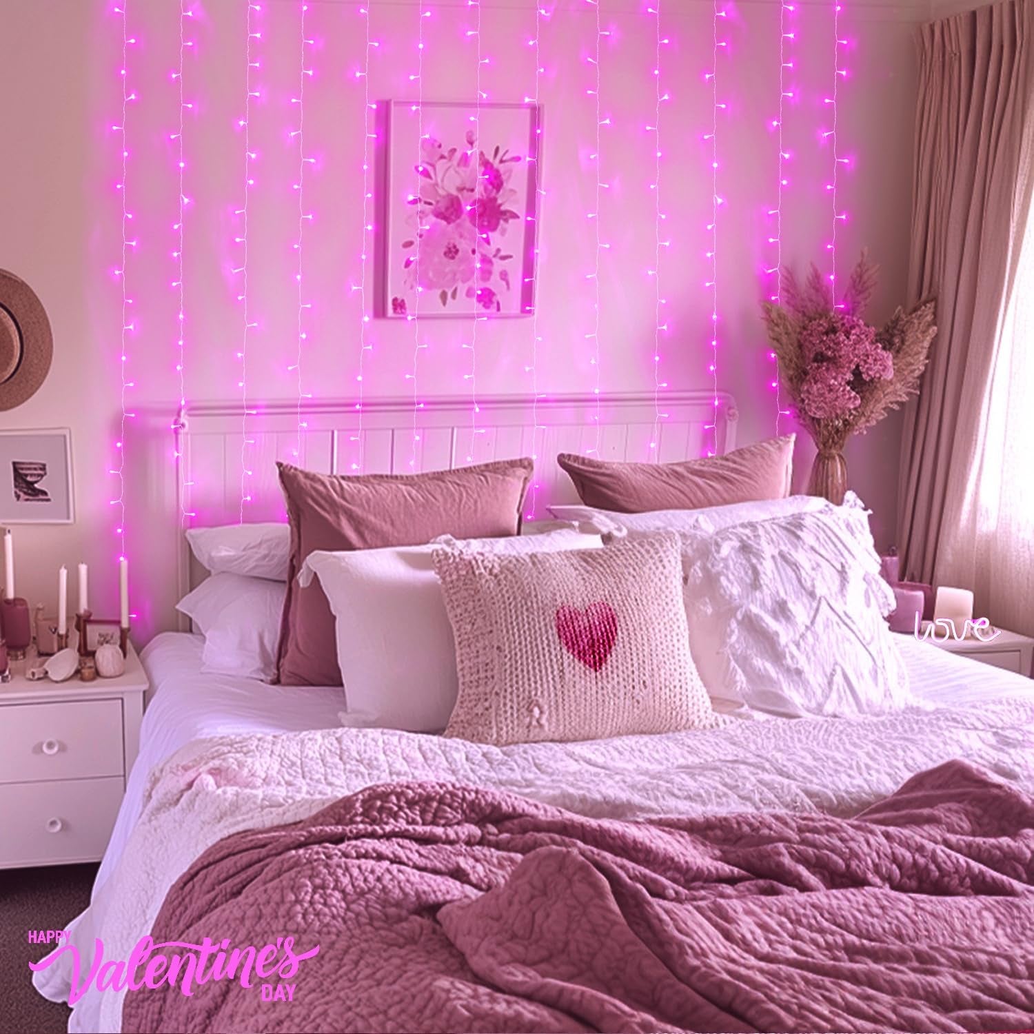 Pink Curtain Lights, Remote Control 300 LED Pink Curtain Lights 8 Modes Pink Valentine String Lights, Window Curtain Lights for Bedroom Wedding Party Backdrop Indoor Outdoor Room Decor(Pink)