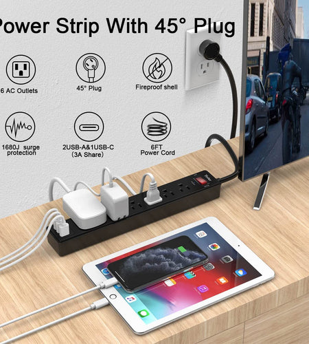 6Ft Power Strip Surge Protector -  Extension Cord with 6 AC Outlets and 3 USB Ports for for Home, Office, Dorm Essentials, 1680 Joules, ETL Listed, (Black)