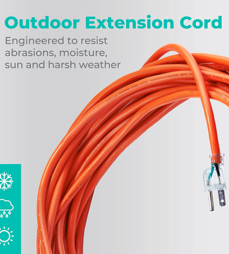 50Ft 16AWG Outdoor Extension Cord, SJTW 16/3 Lighted Power Cord, Bright Orange, ETL Certified (50Ft/15.24M)