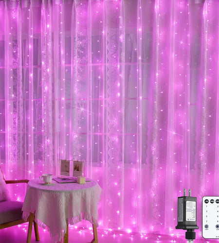 Pink Curtain Lights, Remote Control 300 LED Pink Curtain Lights 8 Modes Pink Valentine String Lights, Window Curtain Lights for Bedroom Wedding Party Backdrop Indoor Outdoor Room Decor(Pink)