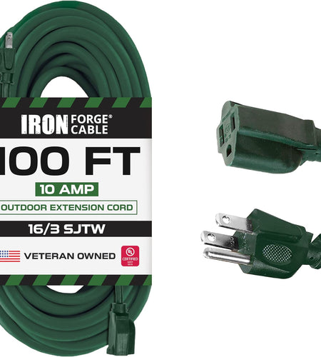 Green Outdoor Extension Cord 100 FT - 16/3 SJTW Weatherproof Extension Cord for outside with 3 Prong - 16 Gauge Foot Extension Cord. UL Listed, Great for Christmas Lights & Outside